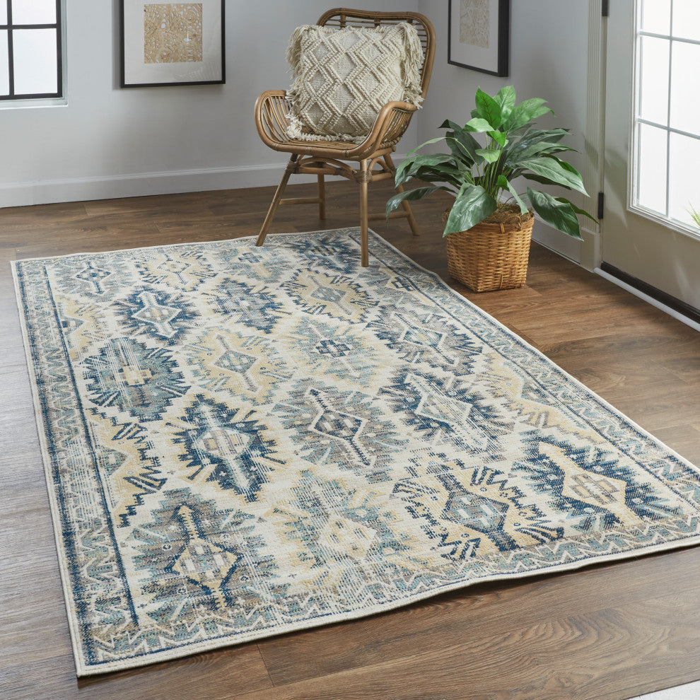 Weave & Wander Kezia Rug, River Blue/Vanilla Beige, 7ft-9in x 10ft-6in