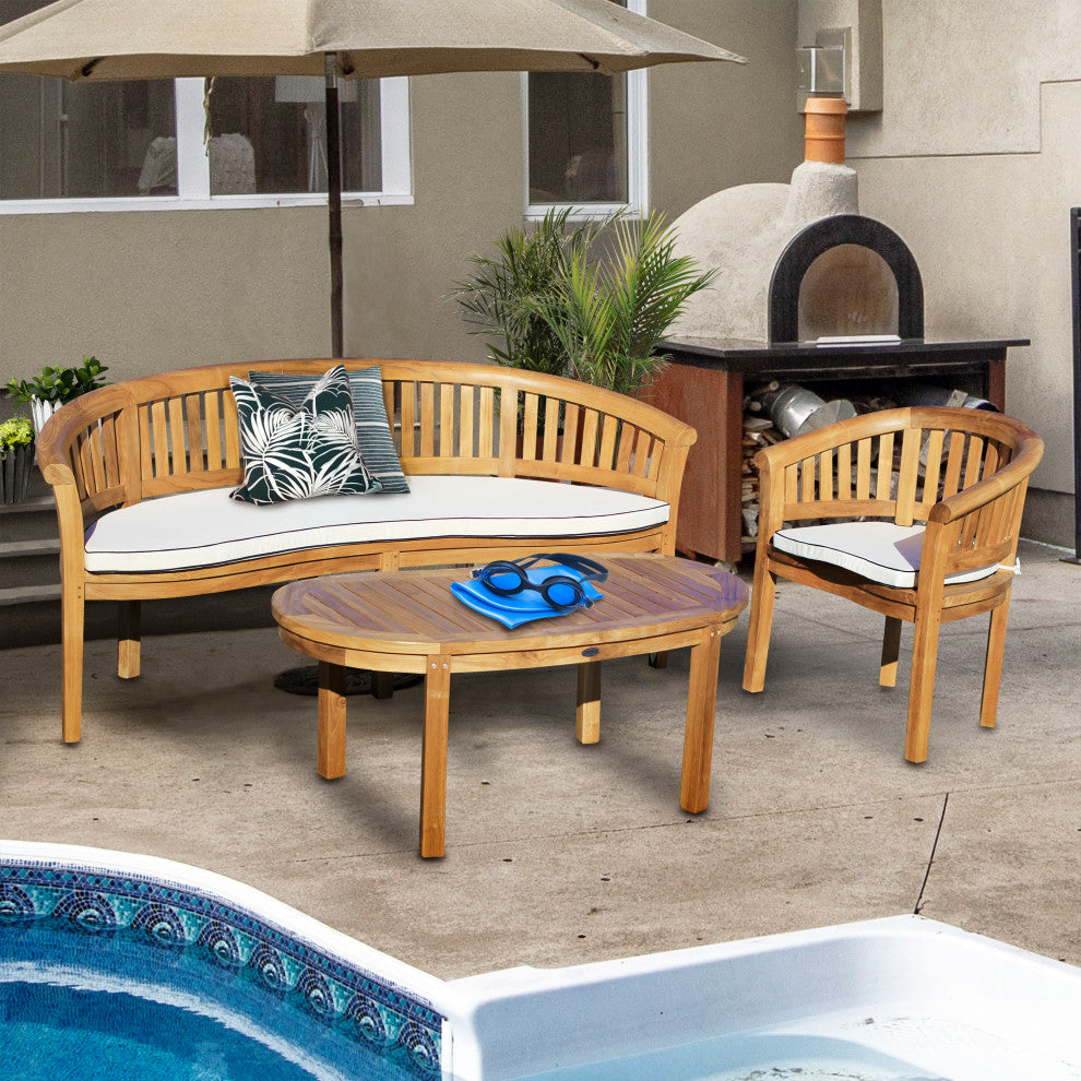 Teak Wood Peanut 3-Piece Patio Lounge Set, Triple Bench, Chair and Coffee Table