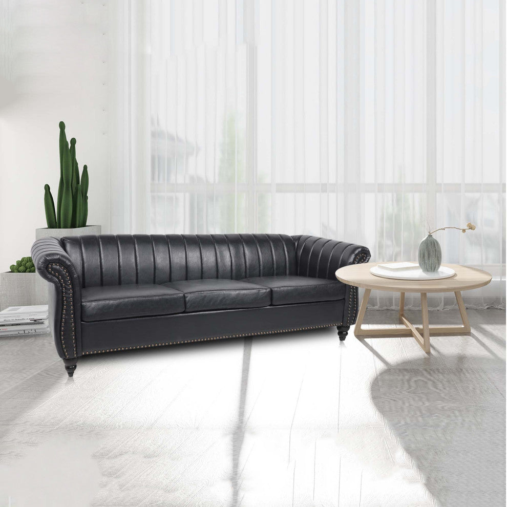 83" Faux leather Rolled Arm Sofa with Nailhead Trim, Black, 83'' X 33''