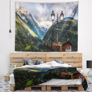 Lamp Posts in Mountain Panorama Landscape Wall Tapestry, 92"x78"