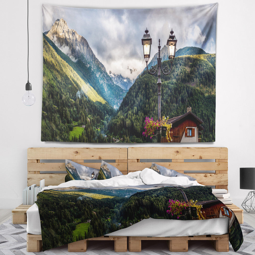 Lamp Posts in Mountain Panorama Landscape Wall Tapestry, 92"x78"