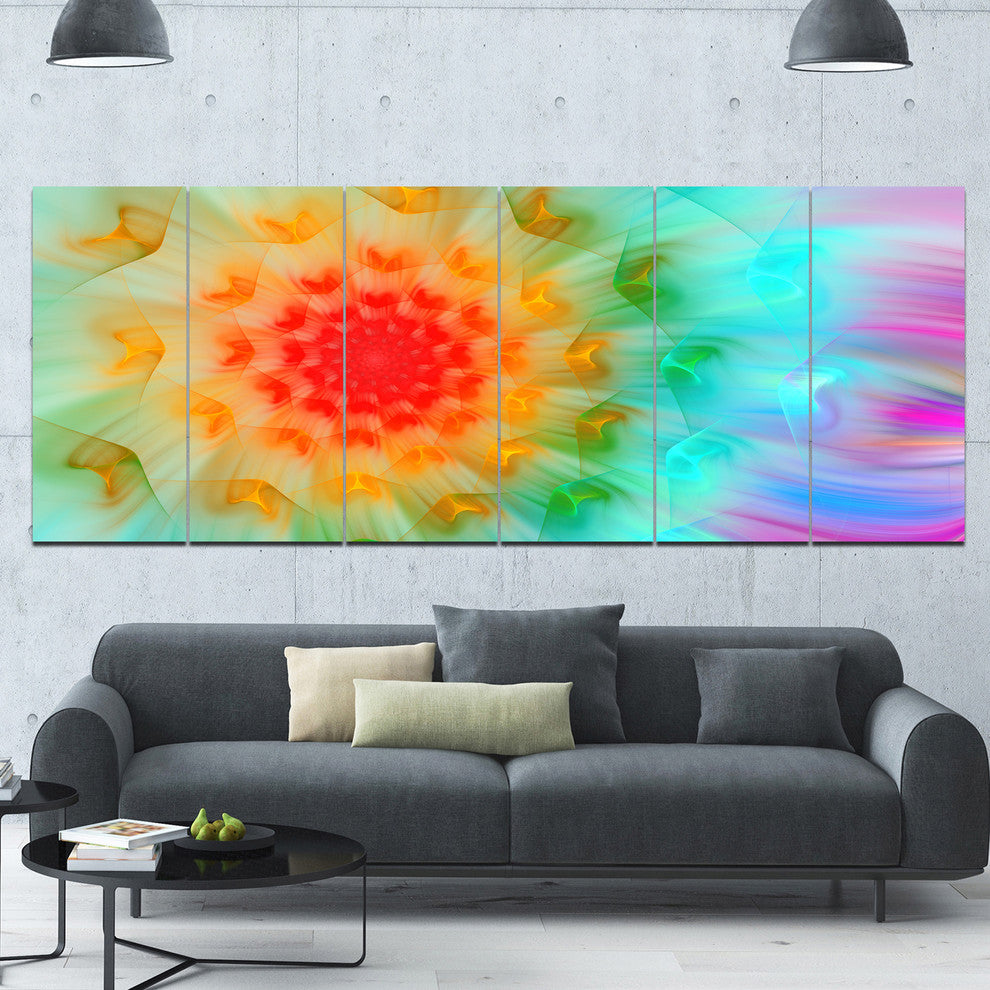 Red Fractal Petals Dandelion, Floral Canvas Art Print, 70"x28", 6 Panels