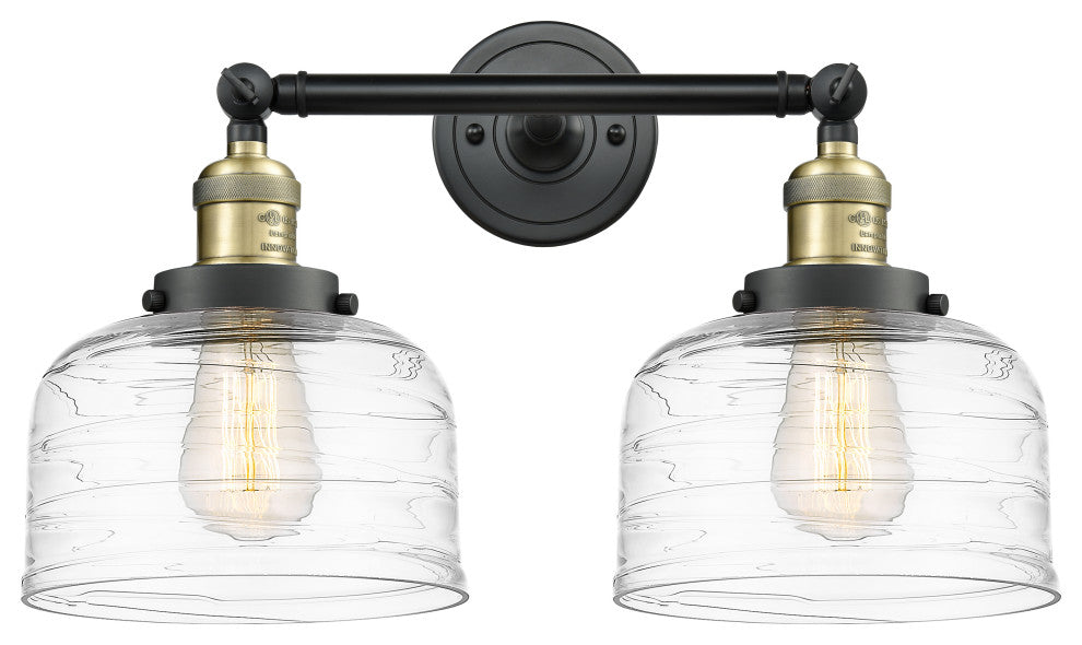 Large Bell 2 Light Bath Vanity Light, Black Antique Brass, Clear Deco Swirl