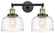 Large Bell 2 Light Bath Vanity Light, Black Antique Brass, Clear Deco Swirl