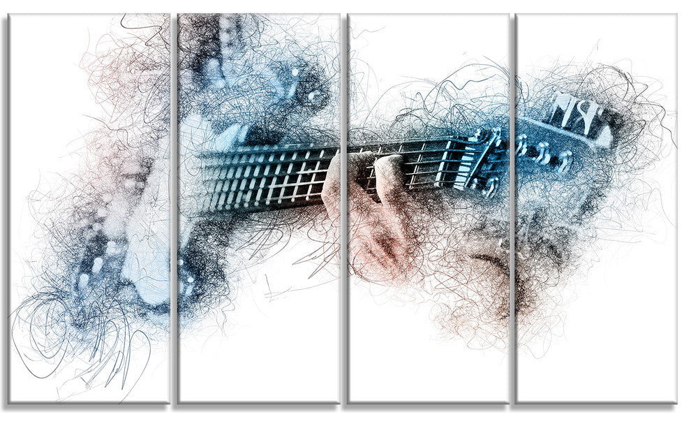 Man Playing A Guitar Watercolor, Contemporary Canvas Print, 48"x28", 4 Panels