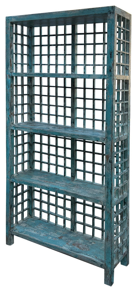 Distressed Teal Blue Green Grid Style Back Side Bookcase Display Cabinet