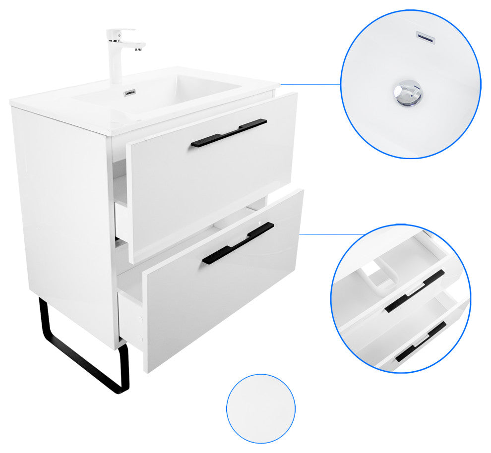 Free-Standing Single Bathroom Vanity, Acrylic Top, White High Gloss, 30"