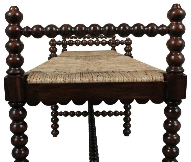 Isle of Man 60" Mahogany and Rush Accent Bench, Bobbin-Turned