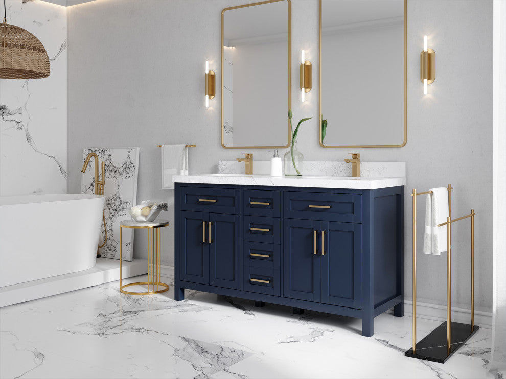 Cambridge 60 Double Bathroom Vanity in Hale Navy Blue 2" White Quartz