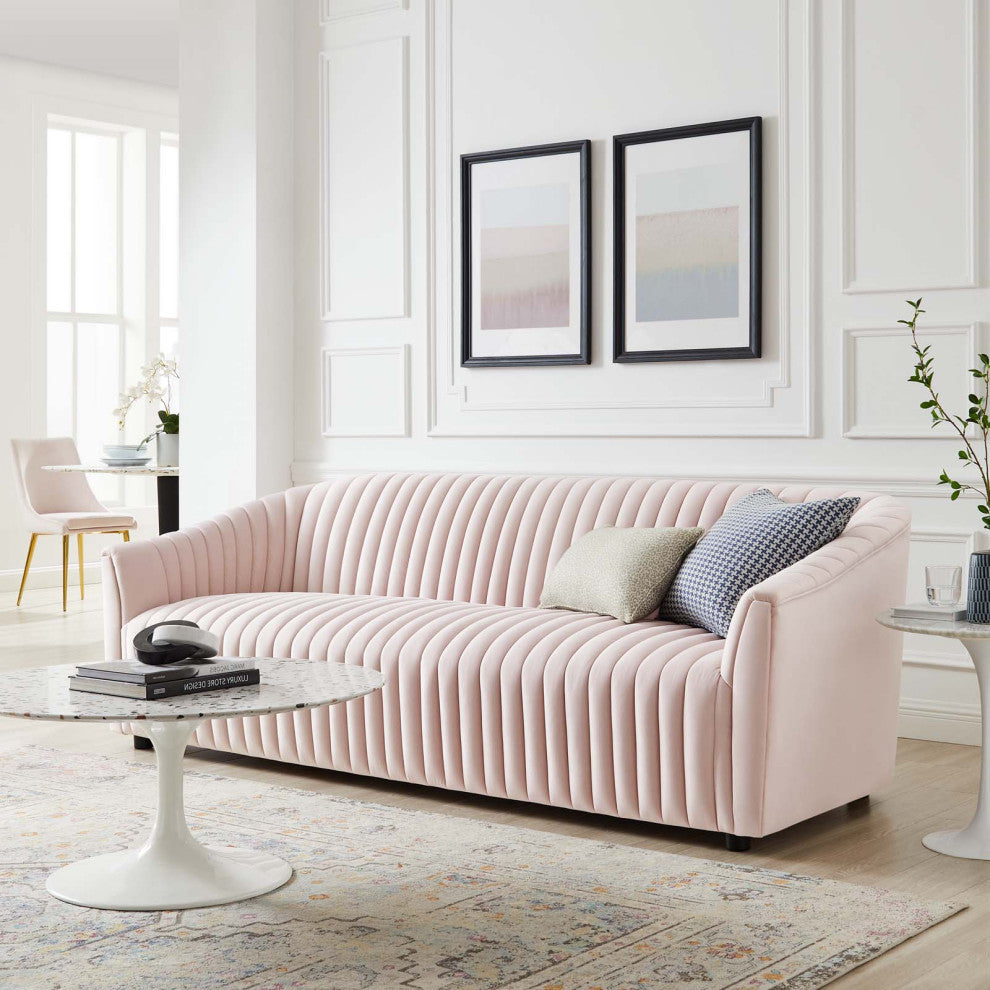 Tufted Sofa, Pink, Velvet, Modern, Mid Century Living Hotel Lounge Cafe Lobby