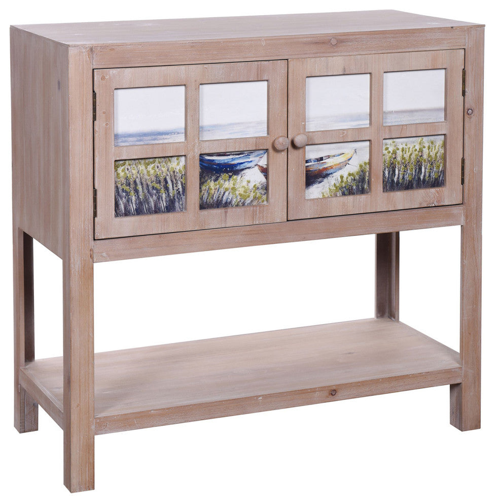 Painted Two Door Fir Wood Cabinet Natural Finish Boat Scene
