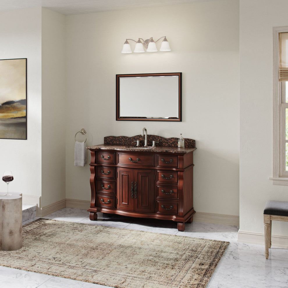 60 inch Cherry Wood Hopkinton Bathroom Sink Vanity Baltic Brown Stone Top, Cherry, 50", Single Sink, Freestanding