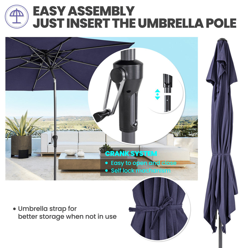 10' Navy Polyester Rectangular Tilt Market Patio Umbrella With Stand