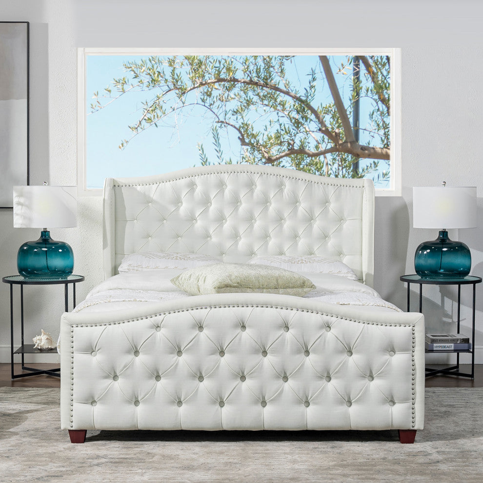 Fontana Wingback Upholstered Platform Bed Frame, Antique White Polyester, Queen