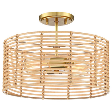 15.4"W 2-Light Bohemian Rattan Semi-Flush Mount Ceiling Light