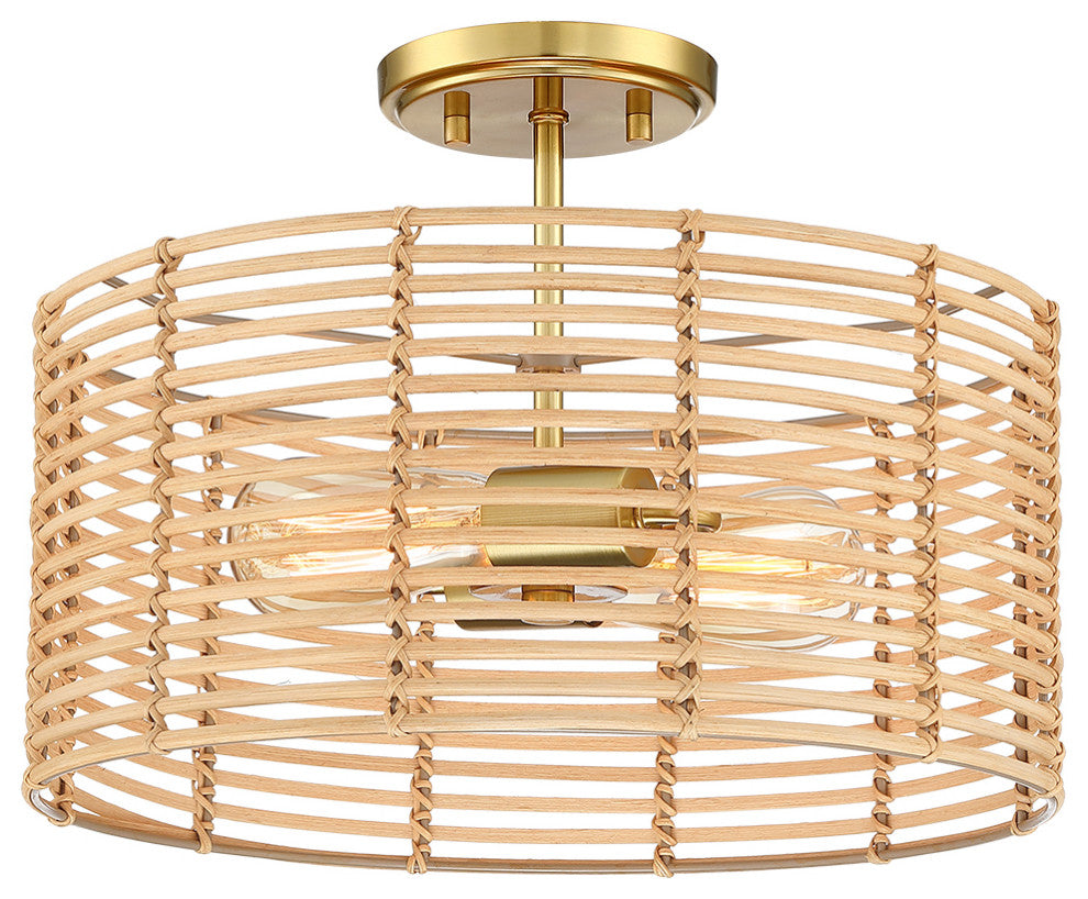 15.4"W 2-Light Bohemian Rattan Semi-Flush Mount Ceiling Light