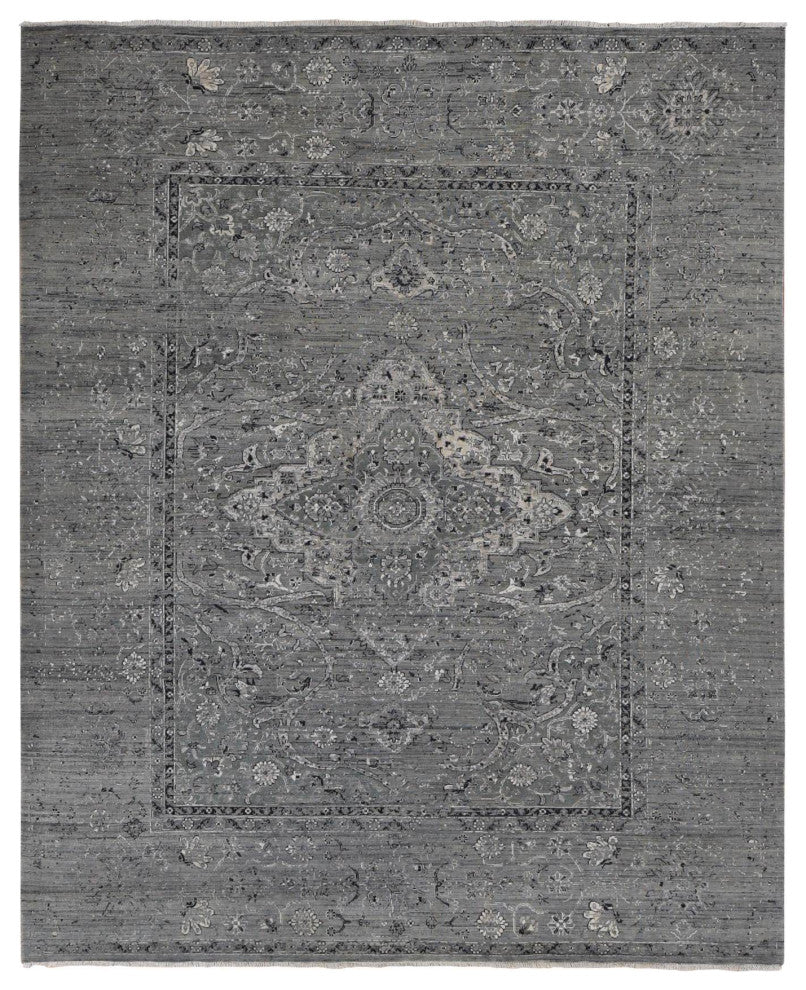Gray Silk With Wool Erased Broken Persian Design Hand Knotted Rug 8'3"x10'1"