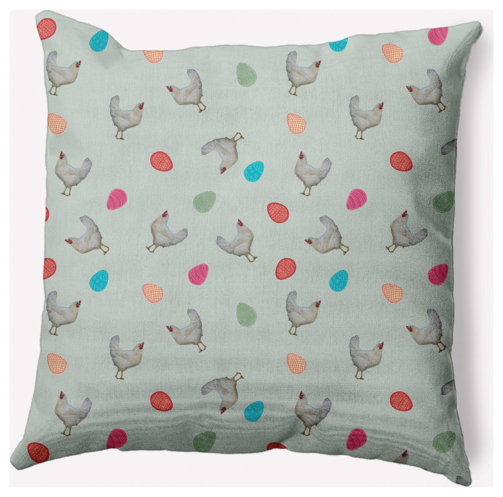 Chickens and Eggs Easter Decorative Throw Pillow, Breezeway Green, 18x18"