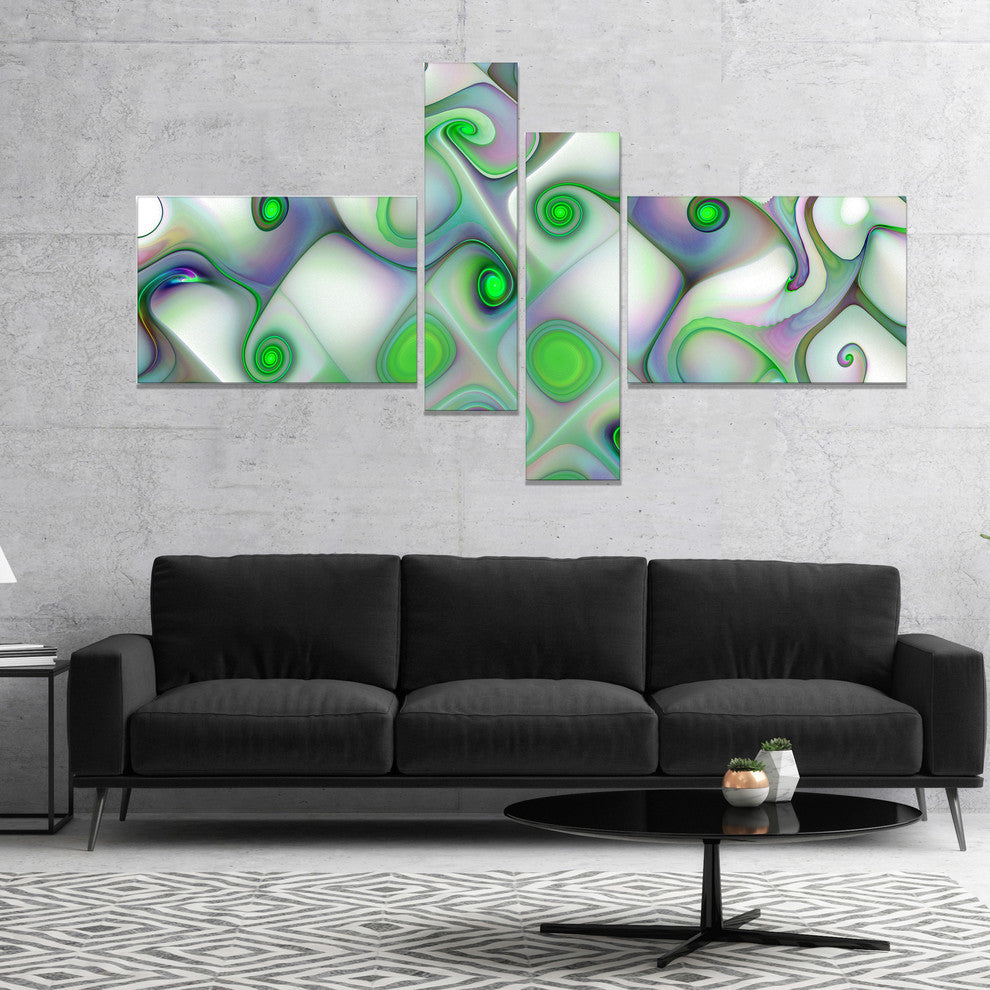 White Green Pattern with Swirls, Abstract Wall Art Canvas, 60"x32", 4 panels