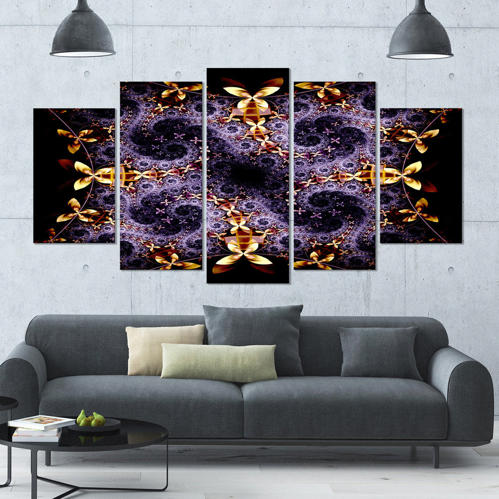 Yellow and Violet Fractal Flower, Abstract Wall Art Canvas, 60"x32", 5 Panels