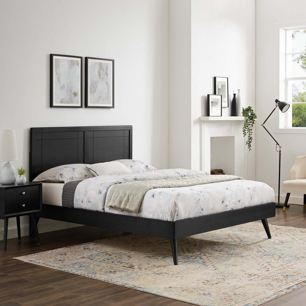 Platform Bed Frame, King Size, Wood, Black, Modern Mid-Century, Bedroom Master