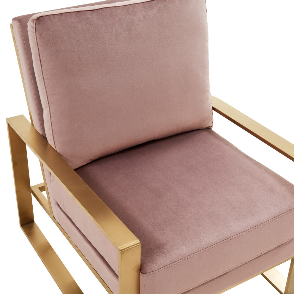 LeisureMod Jefferson Velvet Accent Armchair With Gold Frame, Pink