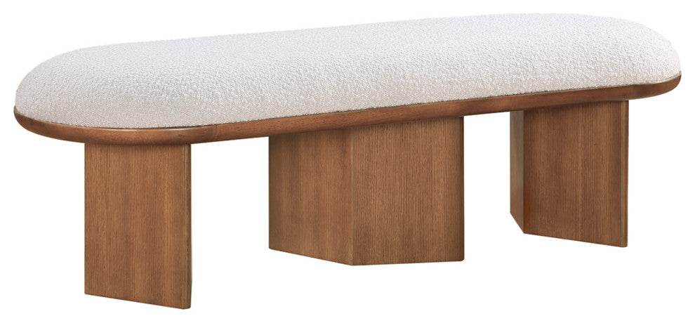 Wilshire Boucle Fabric Upholstered Bench, Cream, Walnut Finish
