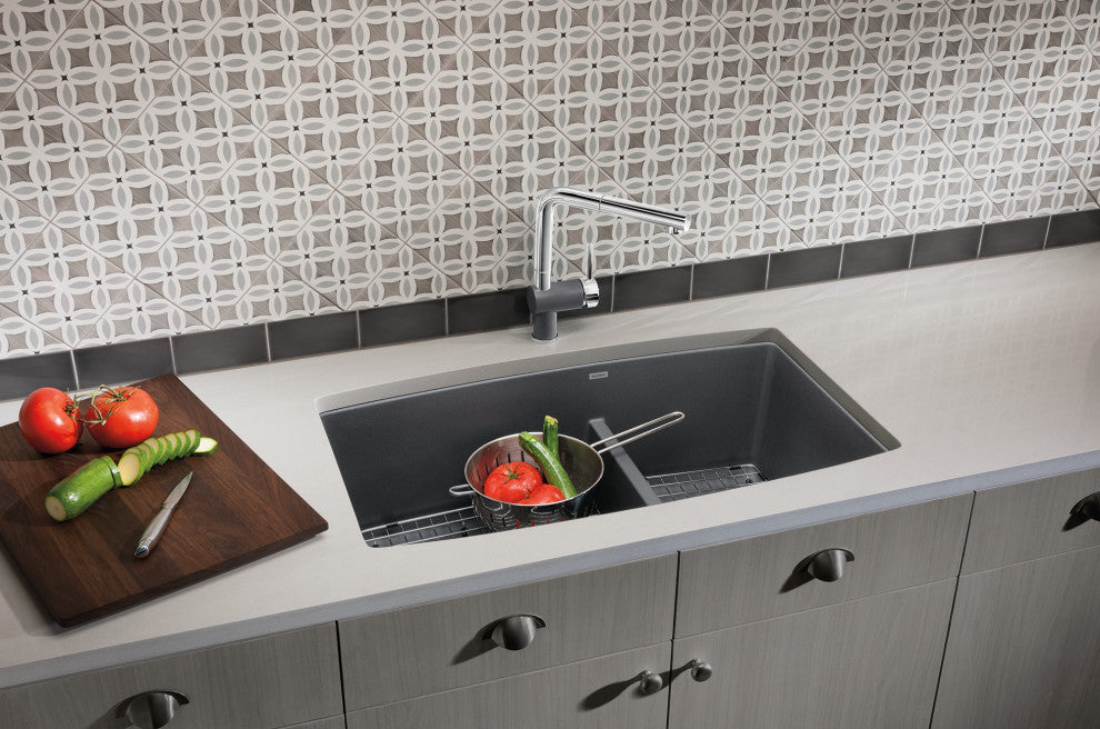Blanco 441474 19"x33" Granite Double Undermount Kitchen Sink, Cinder