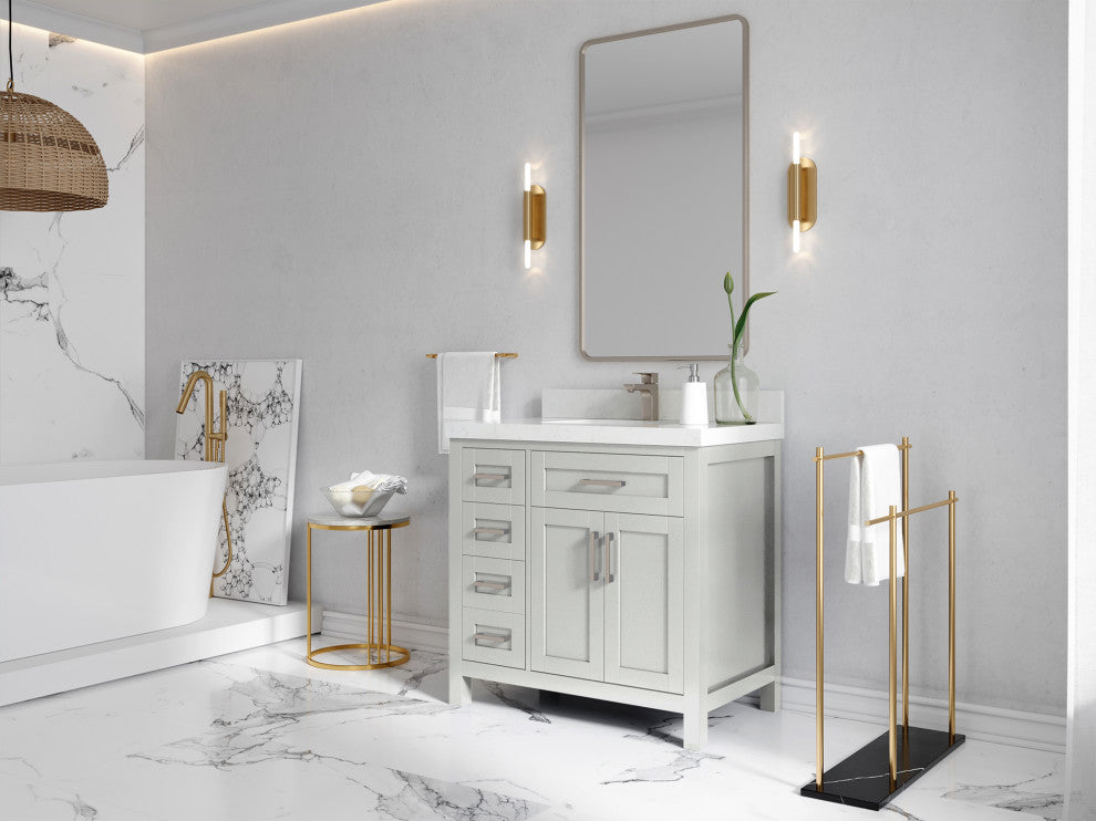 Cambridge 36 Center Sink Bath Vanity in Coventry Gray 1.5" White Quartz