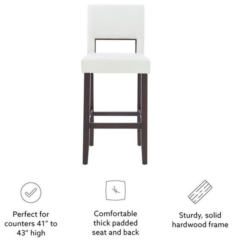 Linon Vega 30.5" White Faux Leather Upholstery Wood Bar Stool Dark Espresso