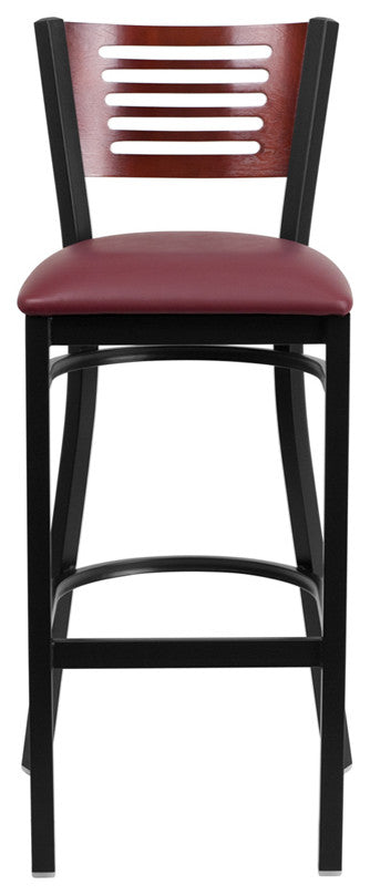 Black Slat Back Metal Barstool, Mahogany Wood Back, Burgundy Vinyl Seat