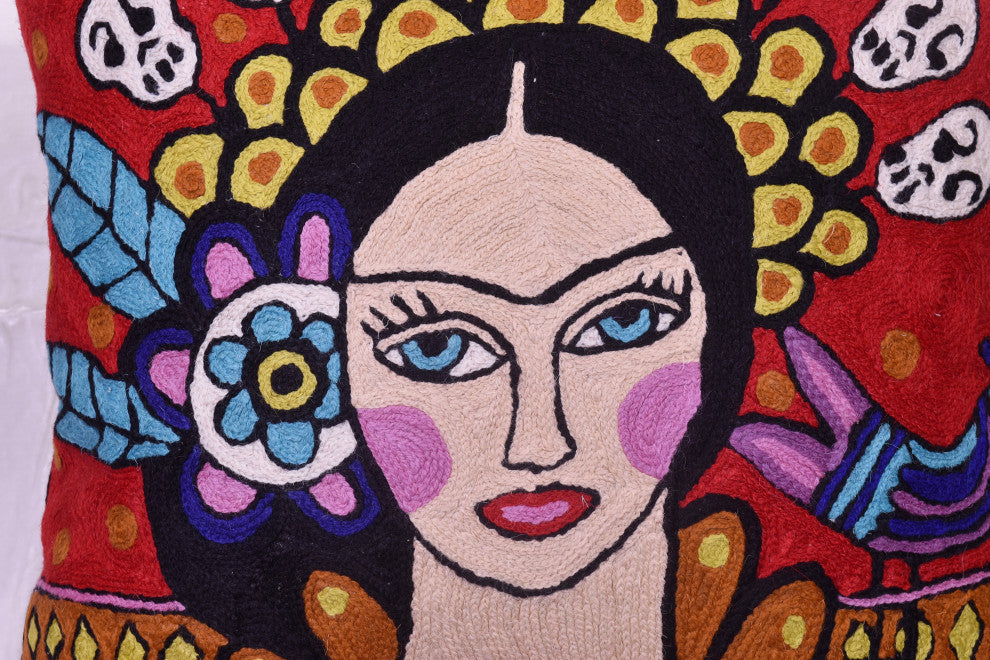 Frida Kahlo Inspired Pillow Cover Red Tiara Hand Embroidered Wool 18x18