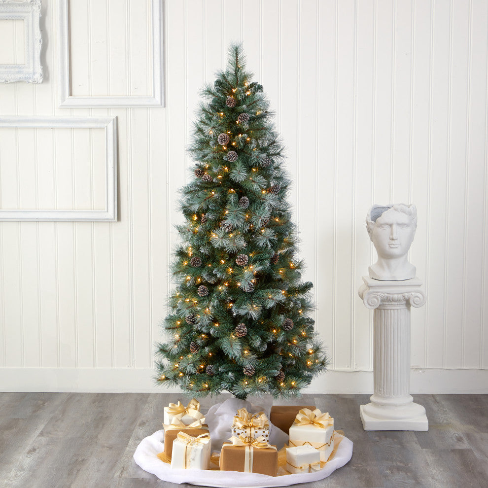 6' Frosted Tip British Columbia Mountain Pine Faux Xmas Tree W/Lights, Pinecones
