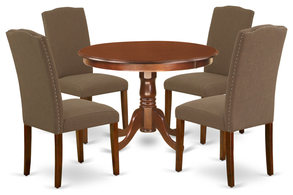5-Piece Round 42" Table and 4-Parson Chair, Linen Fabric Dark Coffee