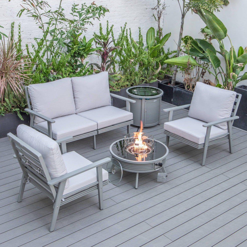 LeisureMod Walbrooke Patio Sofa Set With Round Fire Pit Table, Light Grey