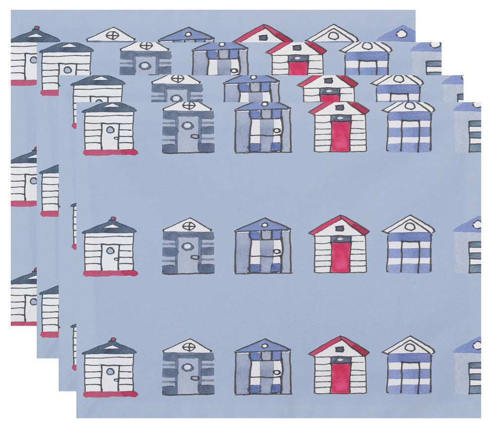 18"x14" Multi Beach Hut, Stripe Print Placemats, Set of 4, Blue
