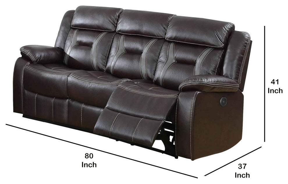 Benzara BM232636 Leather Power Motion Sofa With Contrast Stitching, Dark Brown