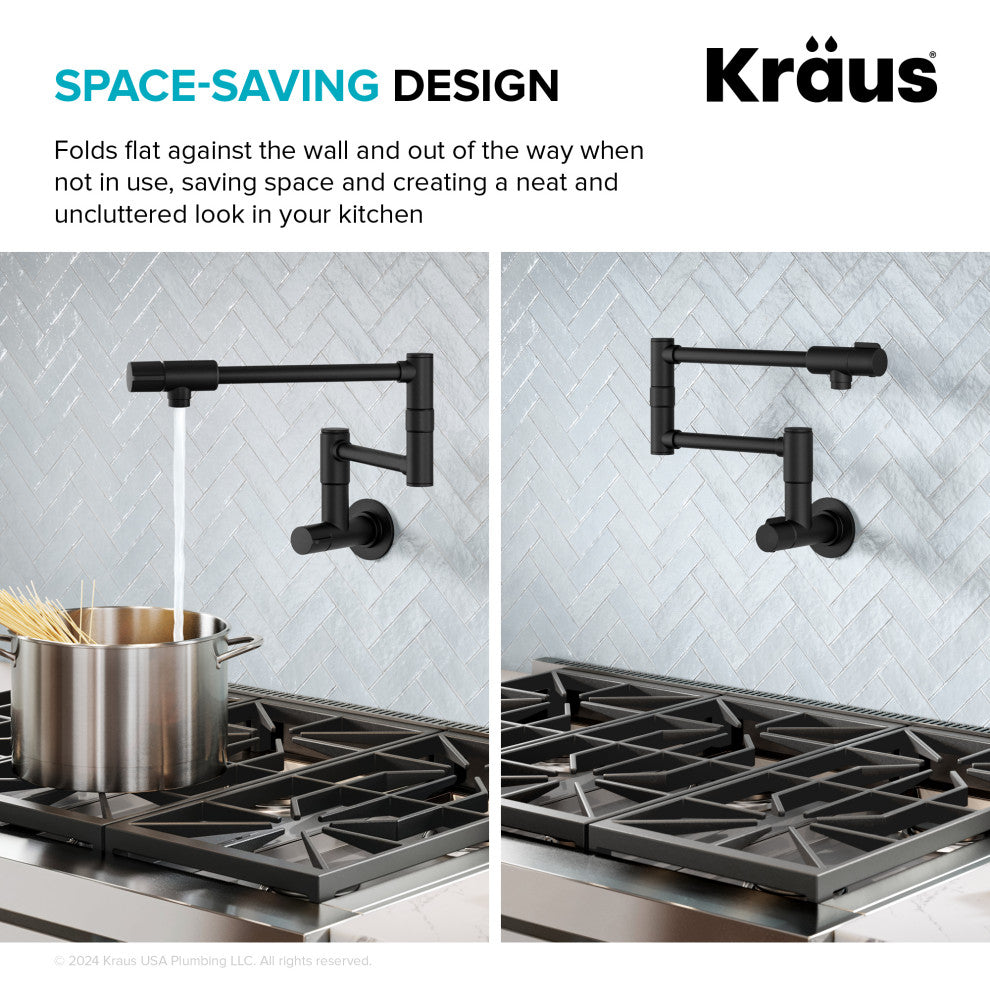 KRAUS Bolden 2 Handle Wall Mount Pot Filler Faucet, Retractable Arm, MB