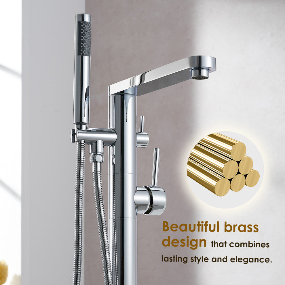 Allario Double Lever Handles Freestanding Floor Mounted Tub Filler, Polished Chome