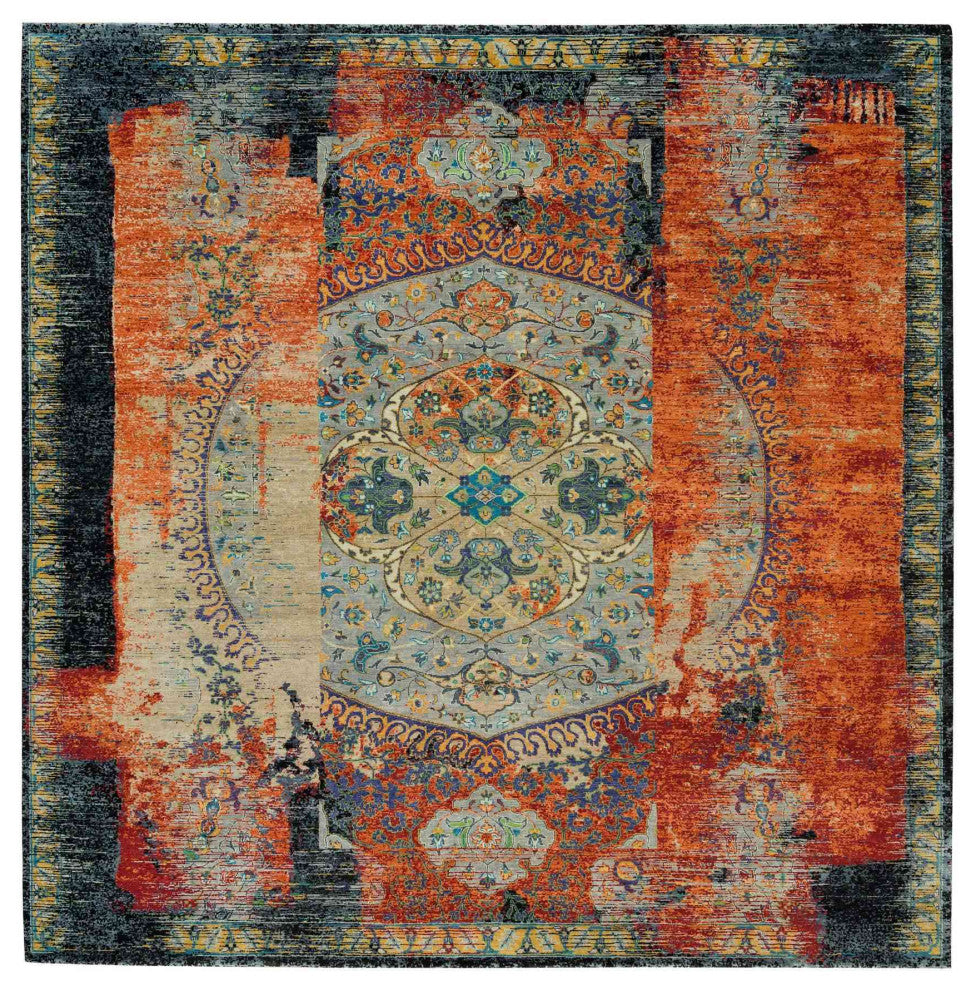 Orange Wool Hand Knotted Ancient Ottoman Erased Design Square Rug 10'2"x10'2"