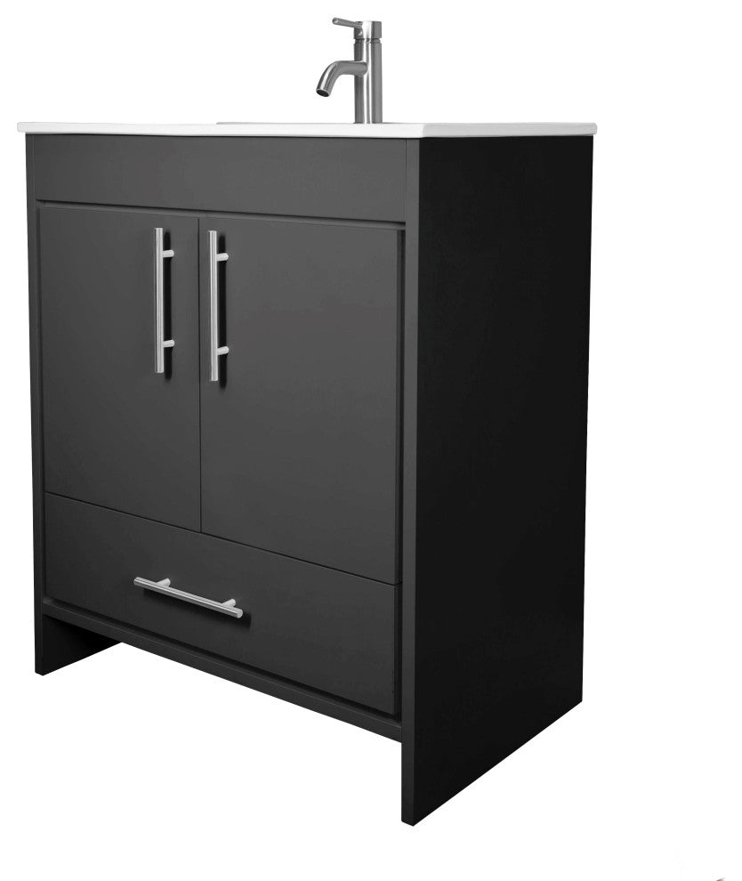 Pacific 30" Vanity With Integrated Ceramic Top and Brushed Nickel Handles, Gloss