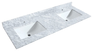 60"DBL Bath Vanity White, Carrara Countertop, Sinks, 58" Mirror, Gold Trim