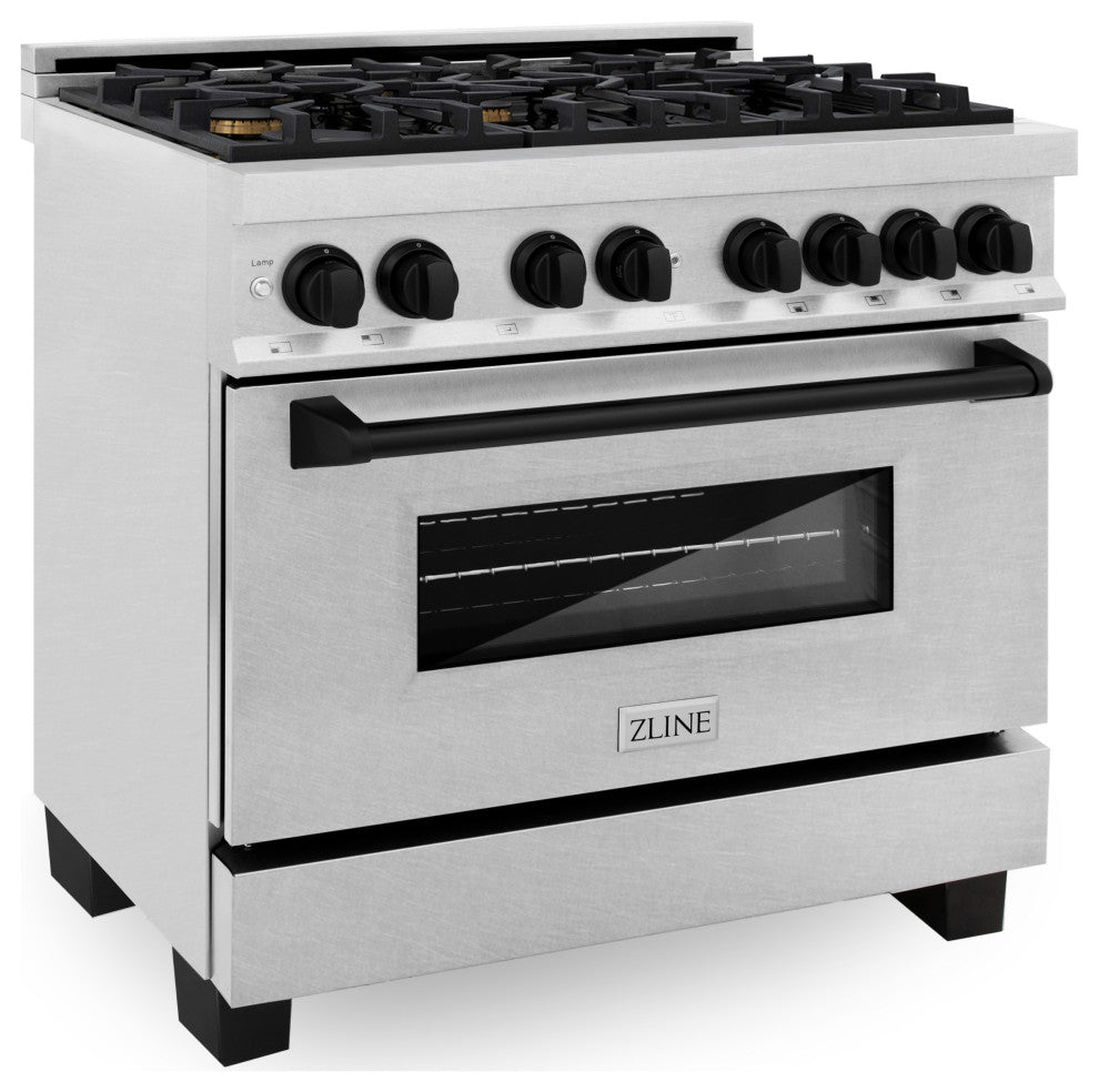 ZLINE 36" Dual Fuel Range, DuraSnow With Matte Black Accents RASZ-SN-36-MB