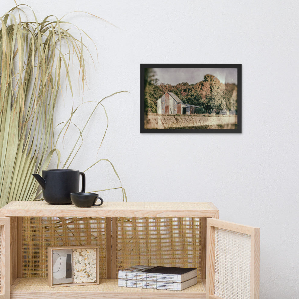 Patriotic Weathered Barn in Field Glass Plate Framed Photo Paper Wall Art Prints, Black, 12" X 18"