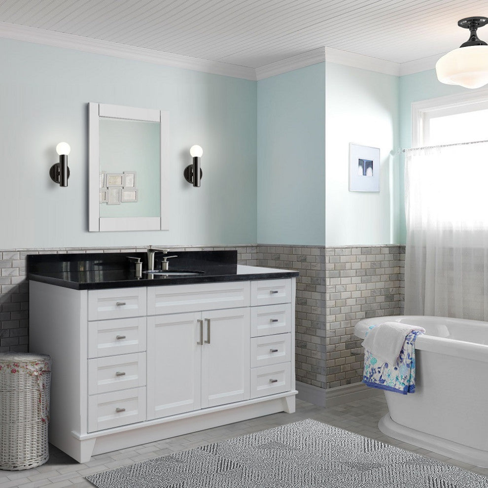 61" Single Sink Vanity, White Finish And Black Galaxy Granite And Oval Sink