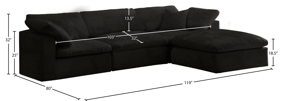 Cozy Velvet Upholstered Comfort L-Shaped Modular Sectional, Black, 4-Piece: 1 Armless Chair, 2 Corner Chair, 1 Ottoman
