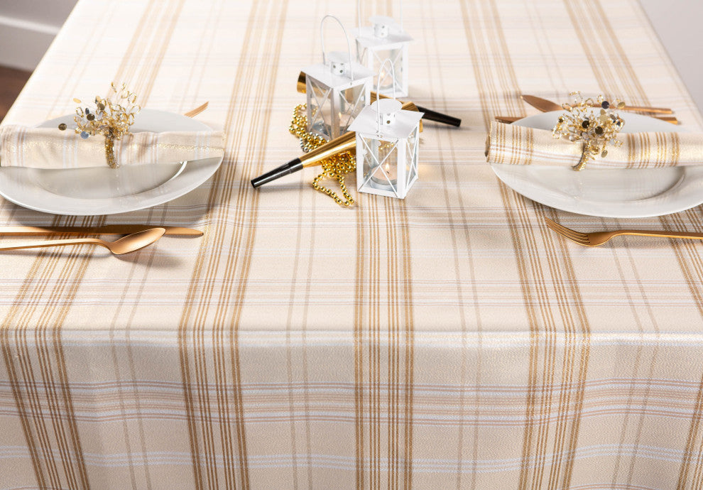 Cream Metallic Plaid Tablecloth 70 Round