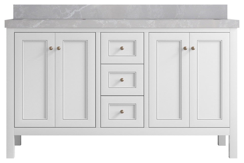 Nashville 60" Double Bathroom Vanity, White 2" Pearl Light Gray