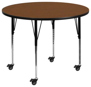 Mobile 42'' Round Oak HP Laminate Activity Table -  Adjustable Legs