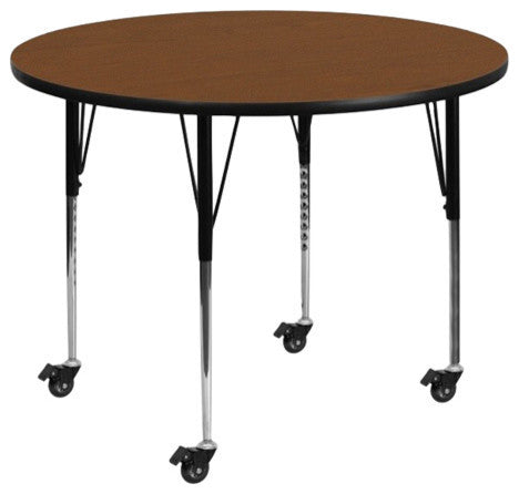 Mobile 42'' Round Oak HP Laminate Activity Table -  Adjustable Legs